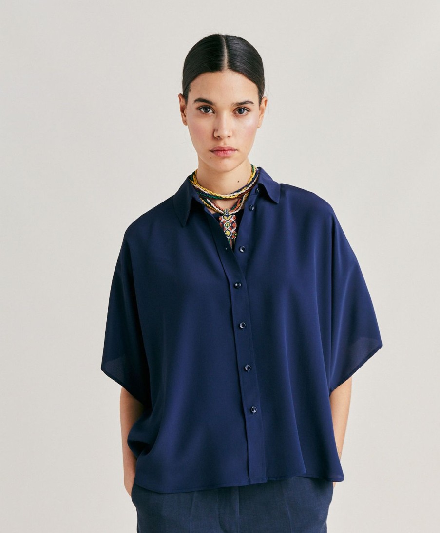 Momoni Bluse E Camicie | Camicia Brooklyn In Acetato Seta - Blu Notte