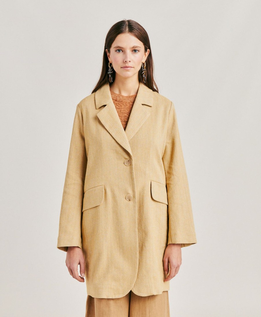 Momoni Trench E Cappotti | Cappotto Pomerania In Lino Cotone - Paglia