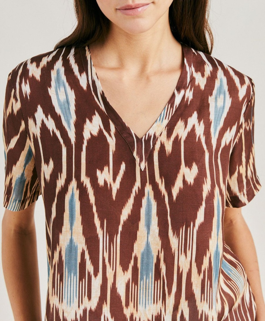 Momoni Bluse E Camicie | Blusa Osmanto In Viscosa Lino Stampato - Cacao Multicolor