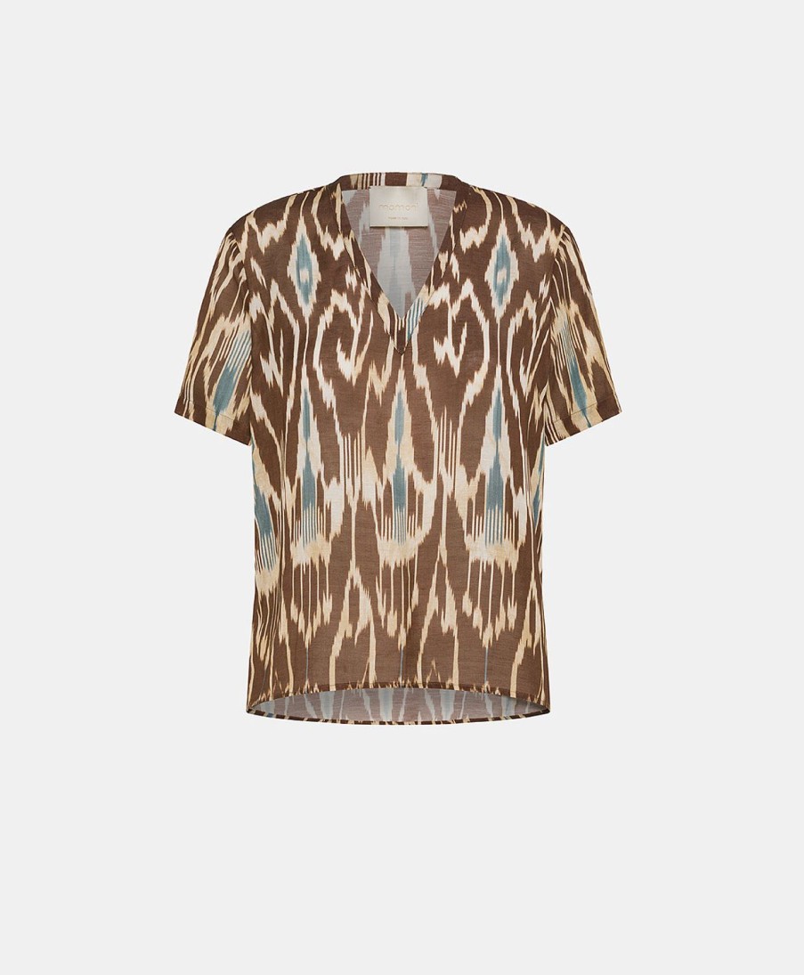 Momoni Bluse E Camicie | Blusa Osmanto In Viscosa Lino Stampato - Cacao Multicolor