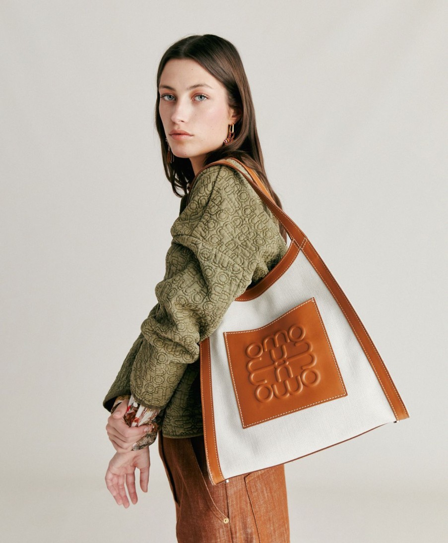 Momoni Borse E Pochette | Tote Bag Geraldine In Pelle E Canvas - Beige