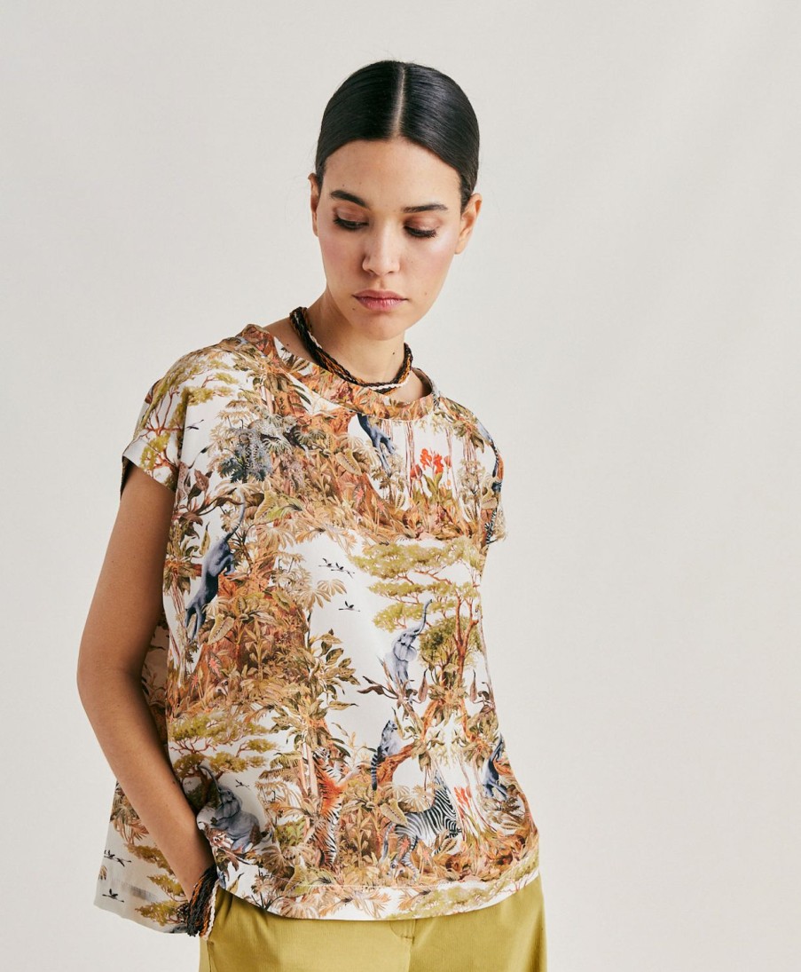 Momoni Bluse E Camicie | Blusa Curacao In Crepe De Chine - Panna / Multicolor