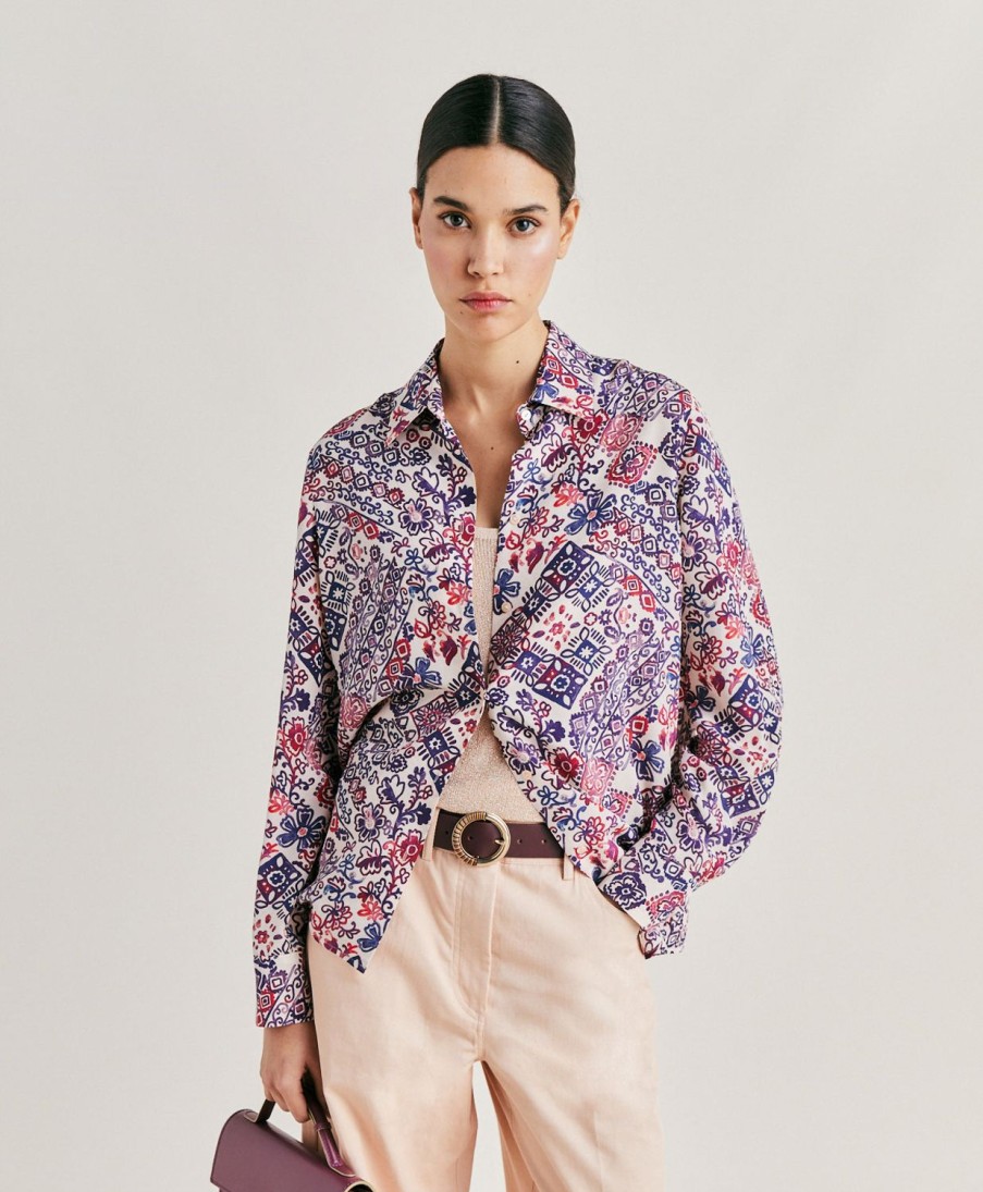 Momoni Bluse E Camicie | Camicia Shirt In Crepe De Chine - Panna/Violaceo