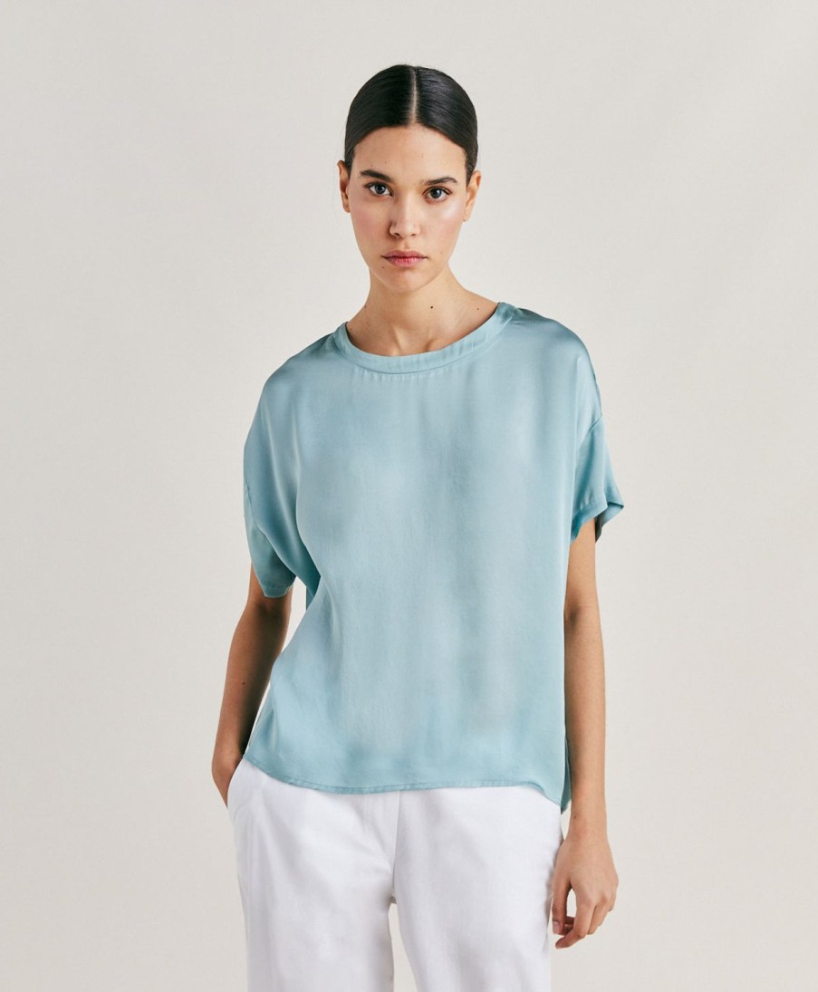 Momoni Bluse E Camicie | Blusa Alonso In Seta Unita - Ceruleo