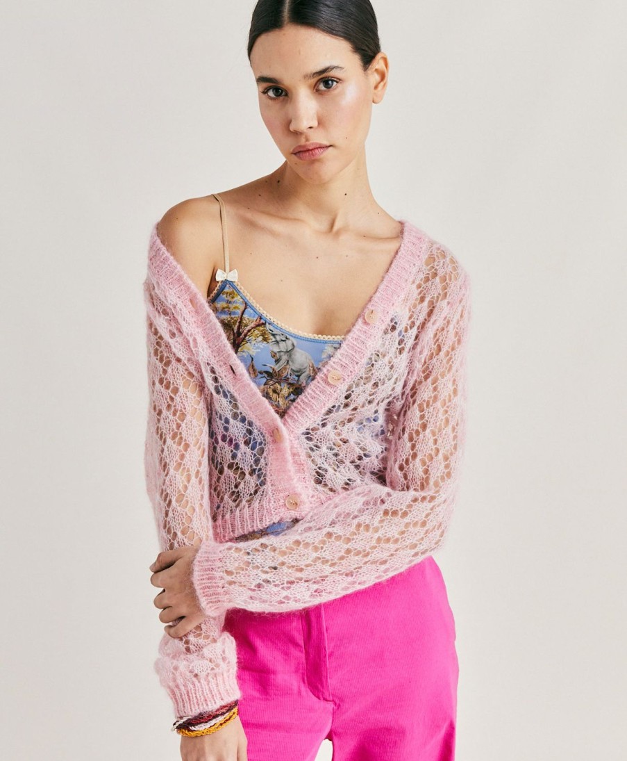 Momoni Maglieria | Cardigan Altea In Soft Mohair - Rosa Baby