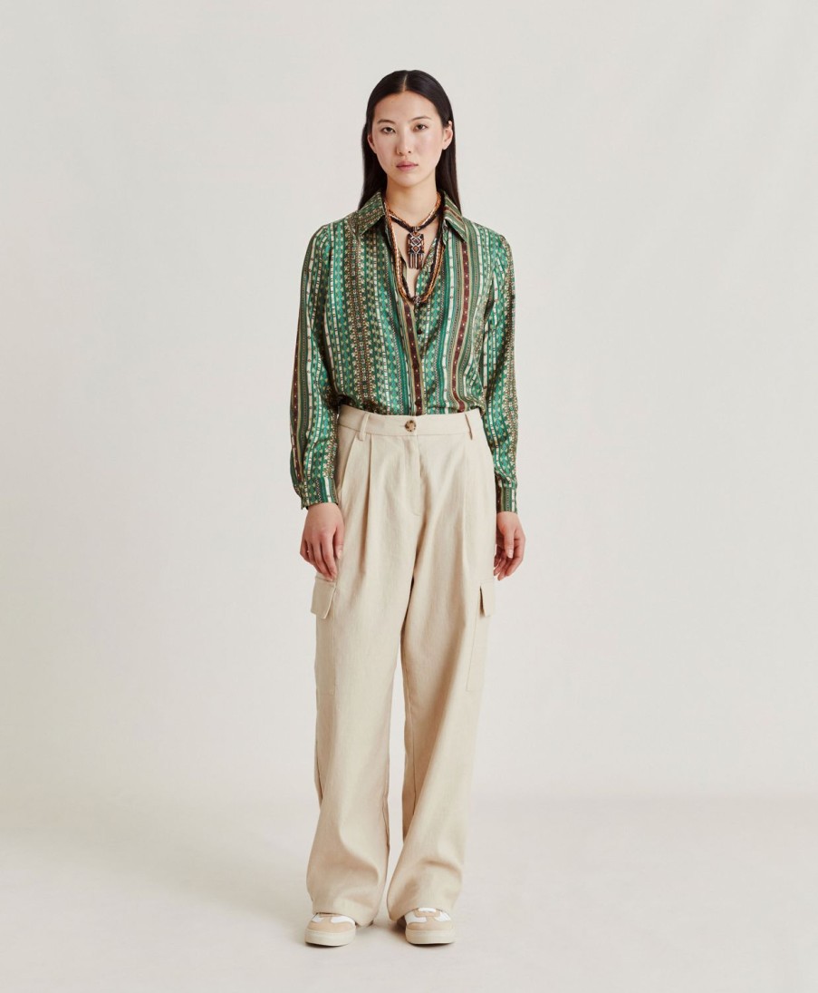 Momoni Bluse E Camicie | Camicia Arles In Twill Di Seta - Verde/Multicolor