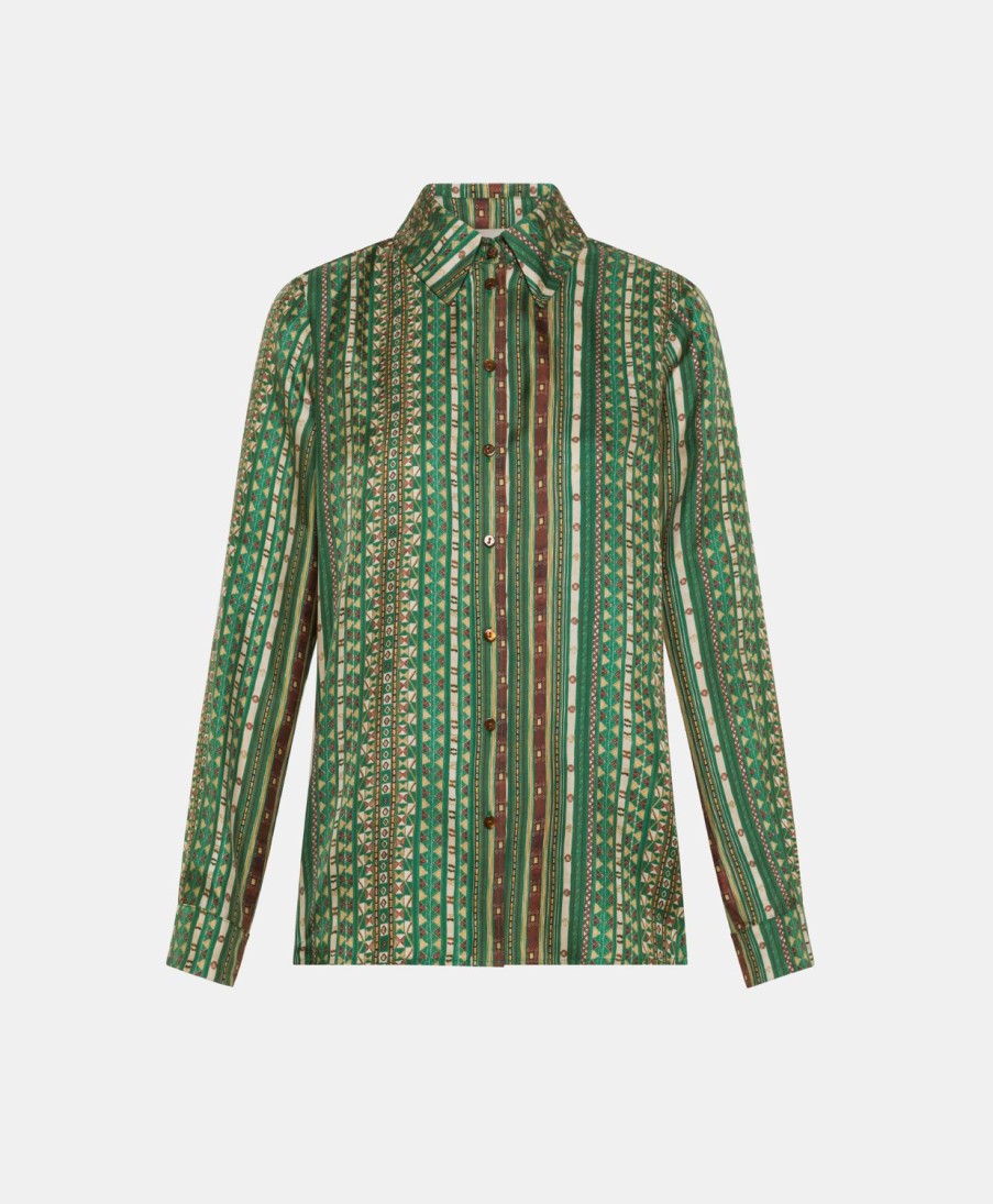 Momoni Bluse E Camicie | Camicia Arles In Twill Di Seta - Verde/Multicolor