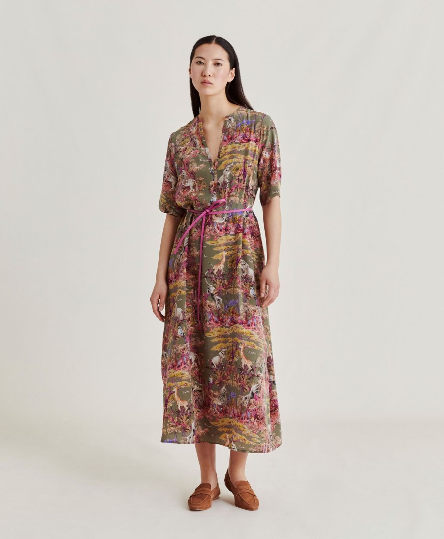 Momoni Vestiti | Vestito Penelope In Crepe De Chine - Oliva Multicolor