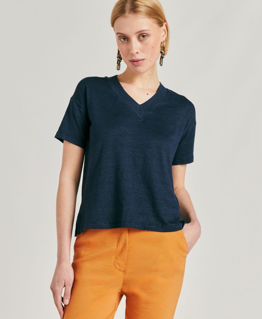 Momoni T-Shirts E Top | Tshirt Nancy In Jersey Lino - Blu Notte