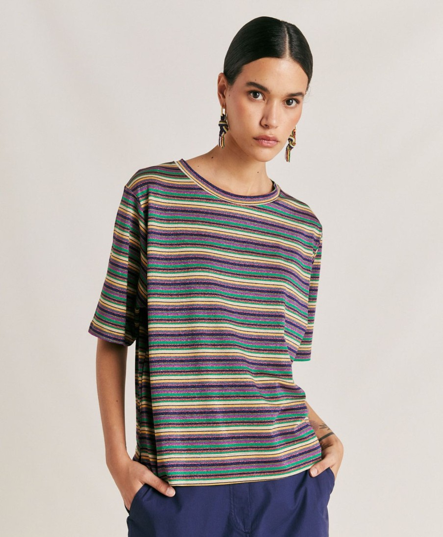 Momoni T-Shirts E Top | Thirt Iora In Jersey Lurex A Righe - Multicolor Verde