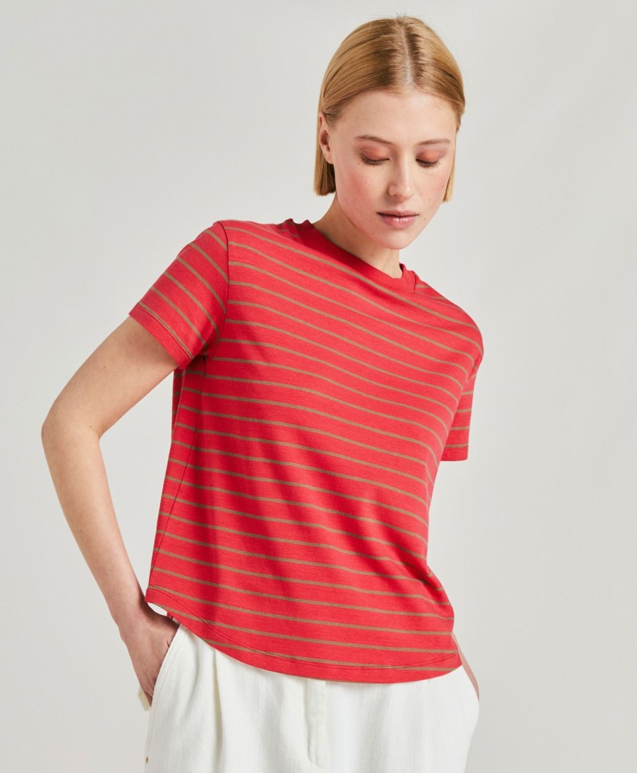 Momoni T-Shirts E Top | Tshirt Lottie In Jersey A Righine - Rosso/Tabacco