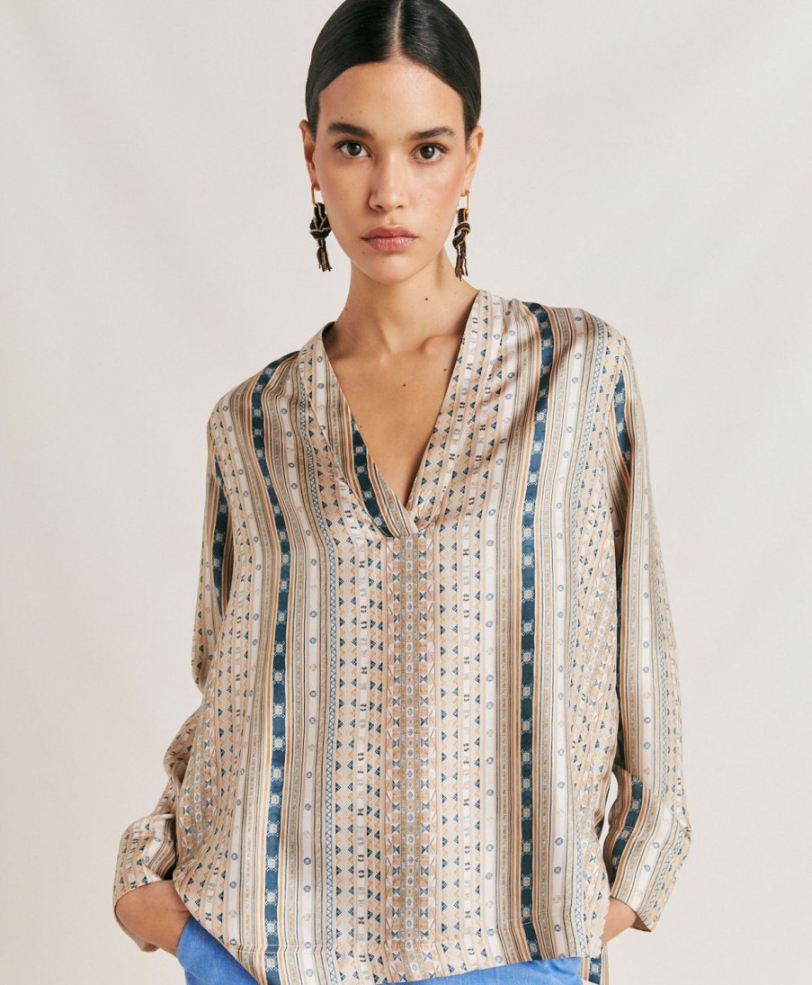 Momoni Bluse E Camicie | Blusa Ambroise In Twill Di Seta - Sabbia Multicolor