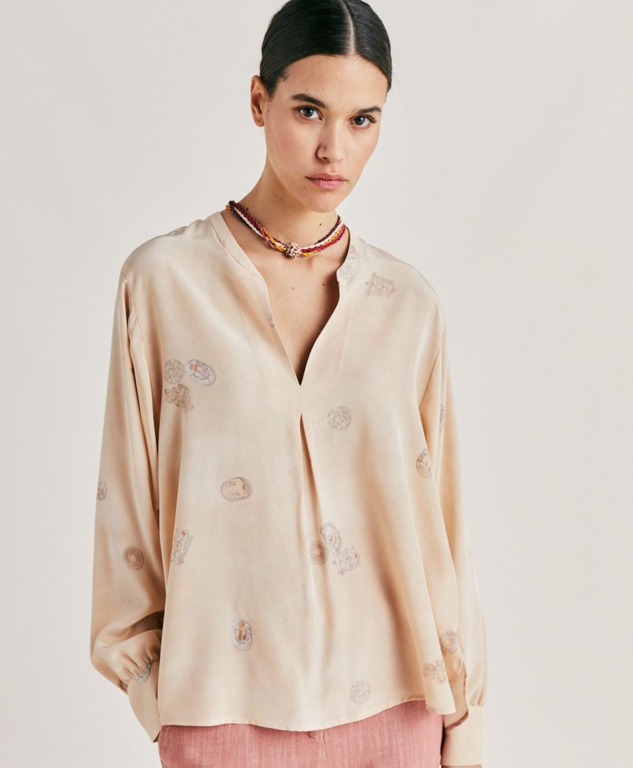 Momoni Bluse E Camicie | Blusa Alisha In Crepe De Chine - Beige Multicolor