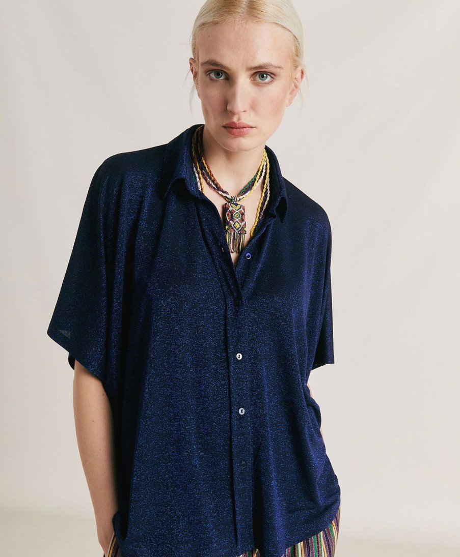 Momoni Bluse E Camicie | Camicia Brooklyn In Jersey Lurex - Bluette