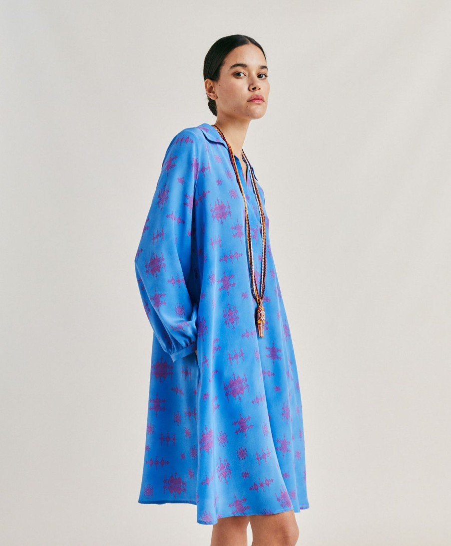 Momoni Vestiti | Vestito Ambra In Crepe De Chine - Bluette/Fucsia